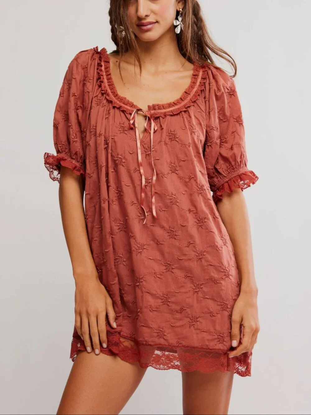 Free People Rust Mini Dress with Lace Trim - Picture 2 of 6
